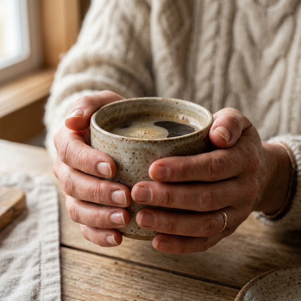 Manos compartiendo café en una conversación tranquila y cercana