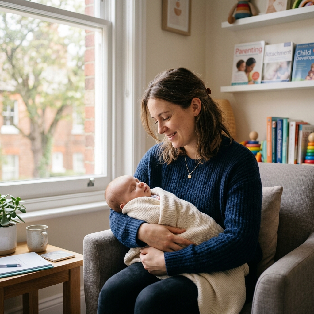 Mujer con su bebé junto a la ventana en un momento de introspección