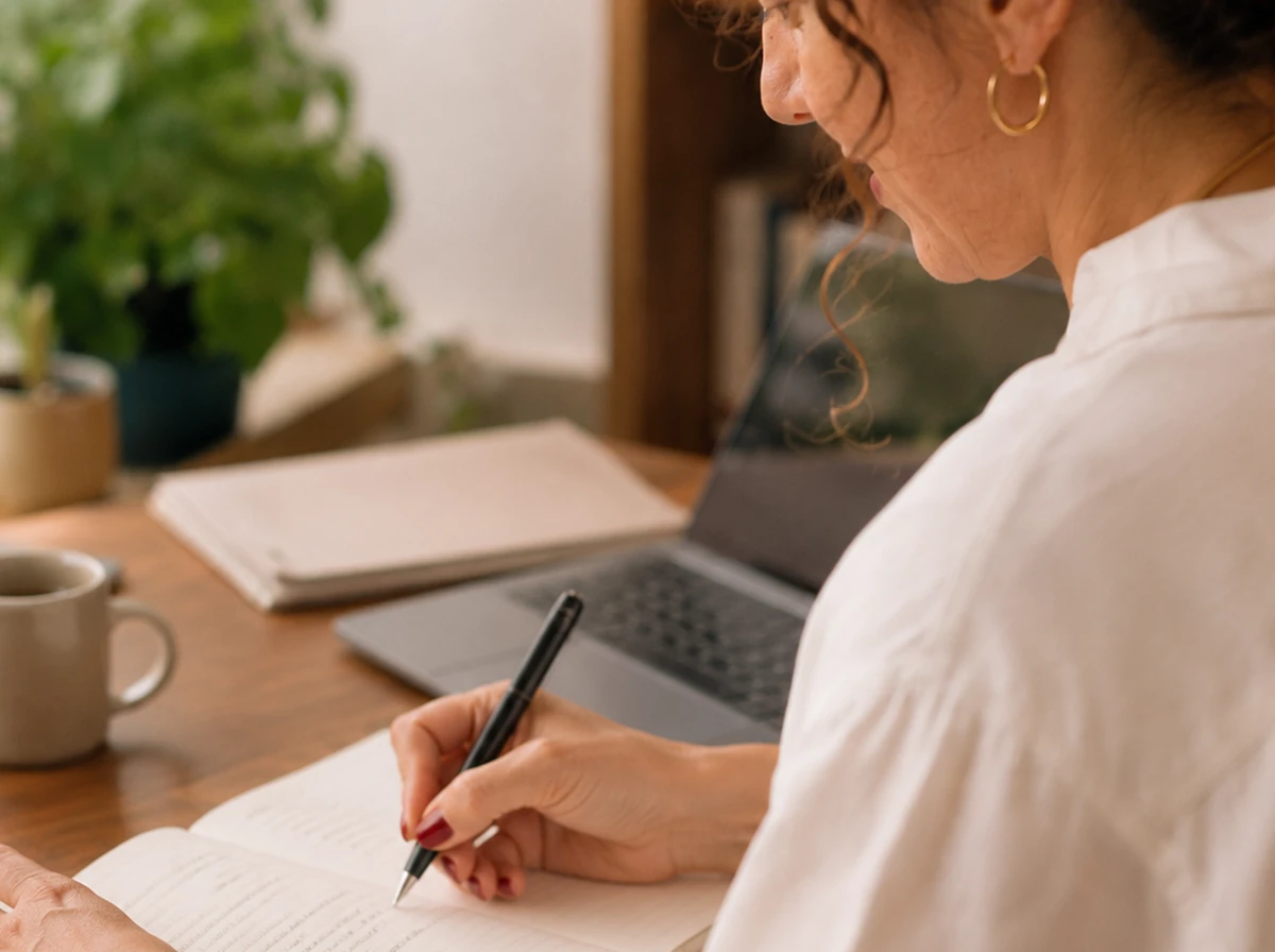 Videoconsulta de psicología desde casa, tomando notas durante la sesión